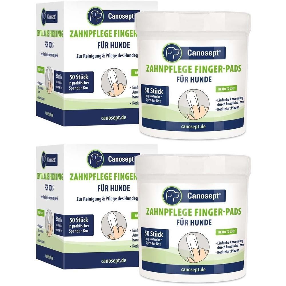 Deux paquets de lingettes Canosept® pour le soin dentaire des chiens, 50 lingettes par boîte distributrice.