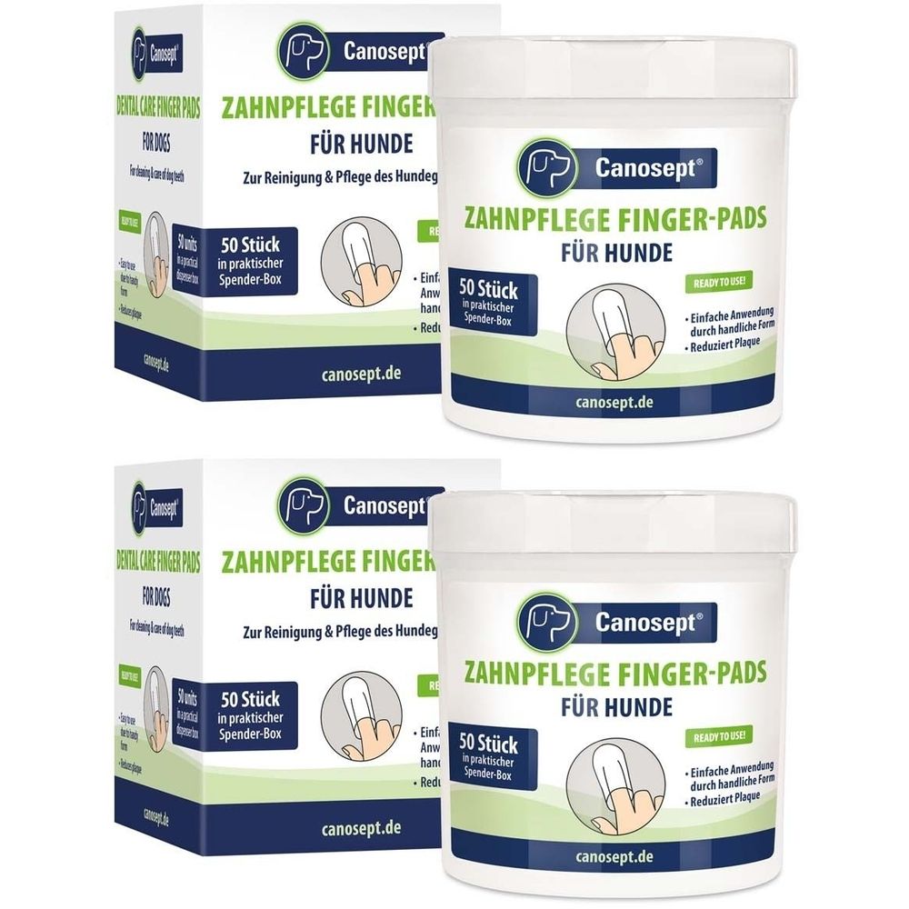 Deux paquets de lingettes Canosept® pour le soin dentaire des chiens, 50 lingettes par boîte distributrice.