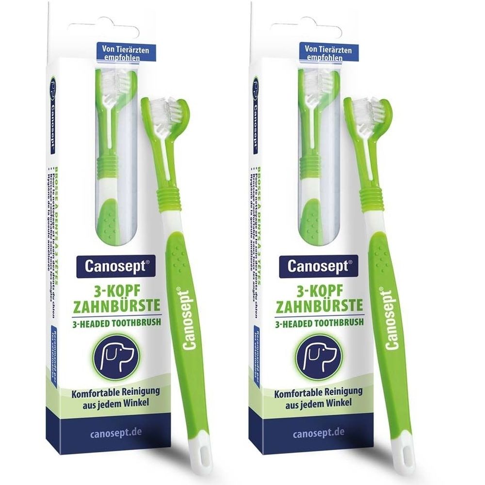 Deux brosses à dents Canosept à 3 têtes pour chiens sous emballage.