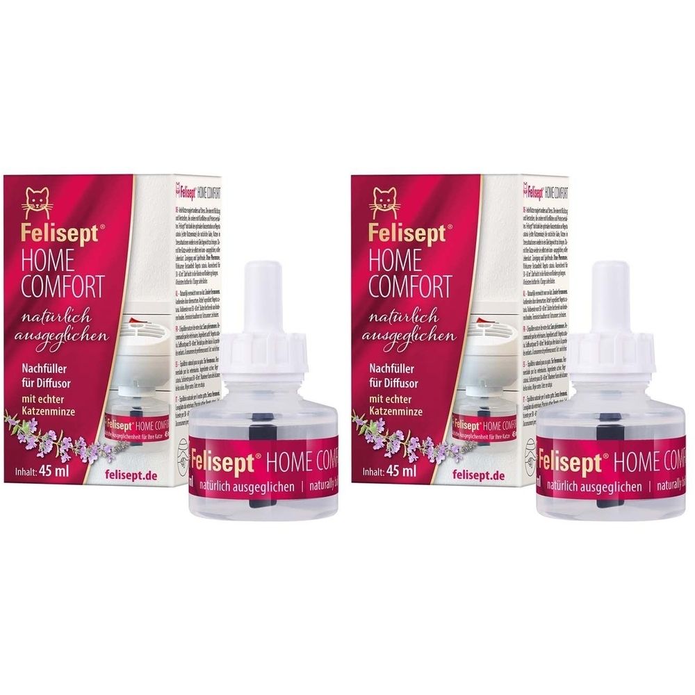 Deux flacons et emballages. Inscription : Felisept HOME COMFORT, recharge pour diffuseur. Contenu : 45 ml. Avec menthe aux chats.