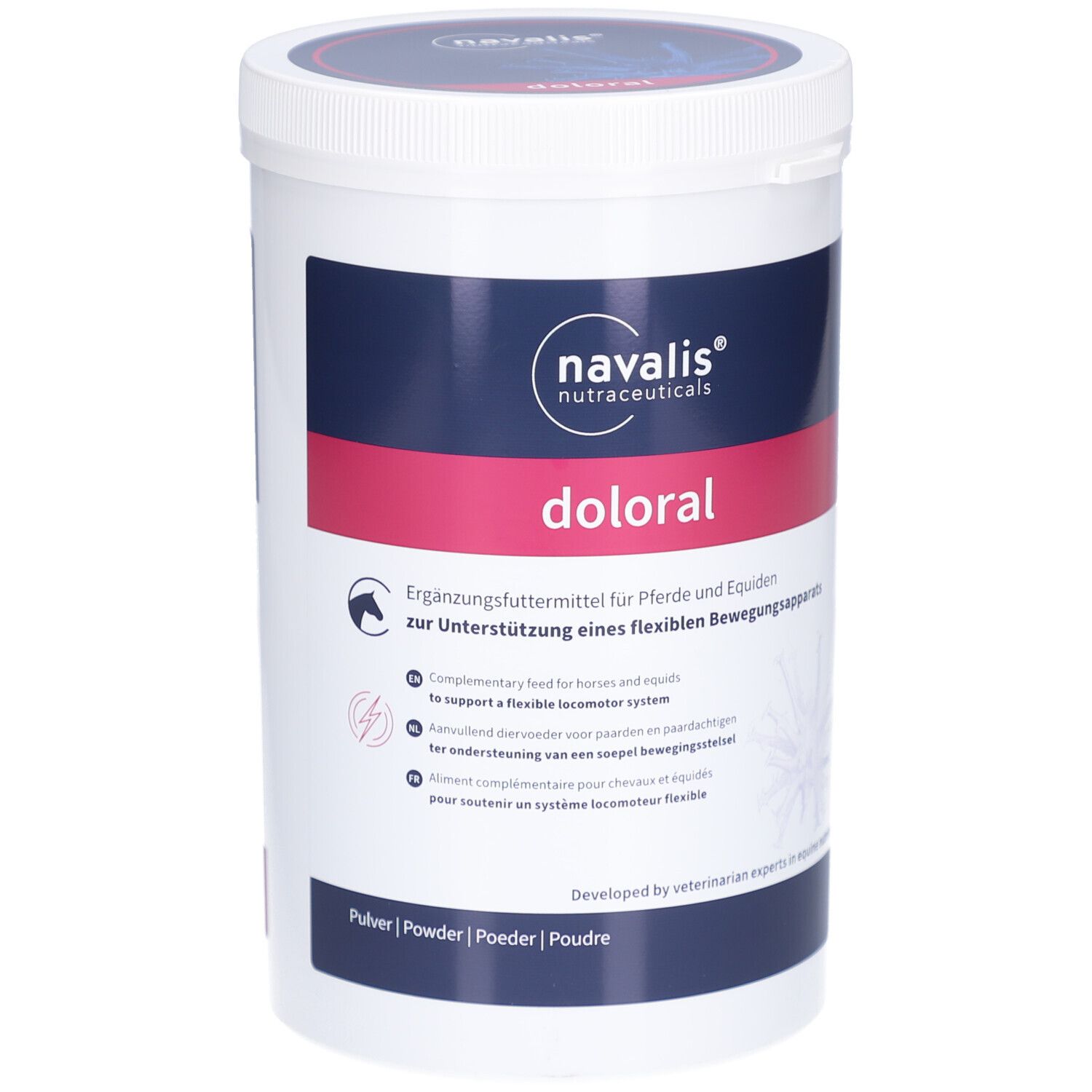 Witte container met blauwe deksel. Opschrift "navalis nutraceuticals" en "doloral". Roze accent. Aanvullend diervoeder voor paarden.