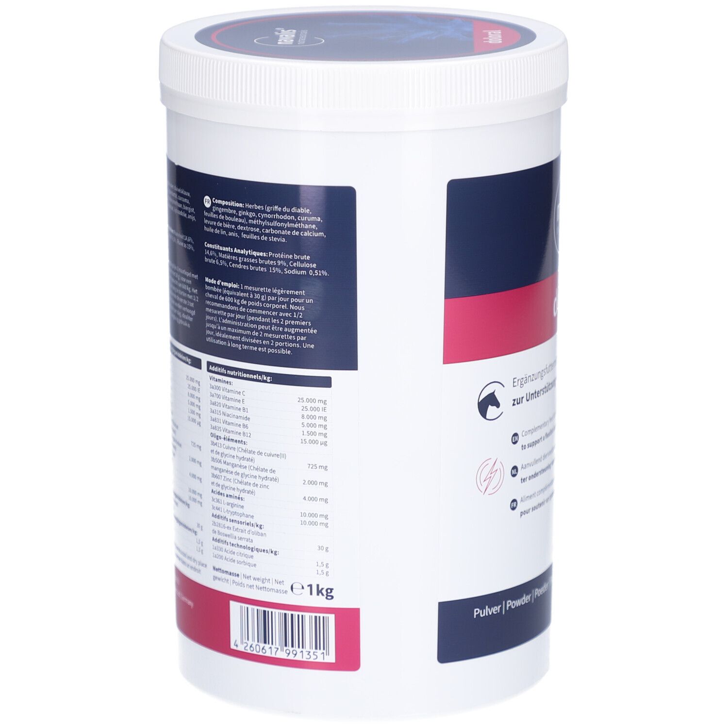 Witte container met etiket. Tekst met ingrediënten en voedingswaarde. Zwarte letters. Roze accent. Gewicht: 1 kg.