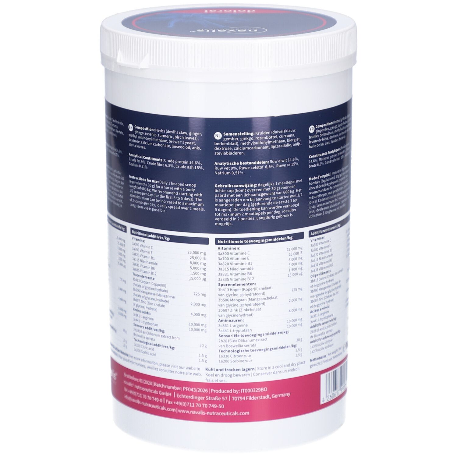 Witte container met etiket. Tekst met ingrediënten en voedingswaarde. Zwarte letters. Roze accent. Fabrikantinformatie.