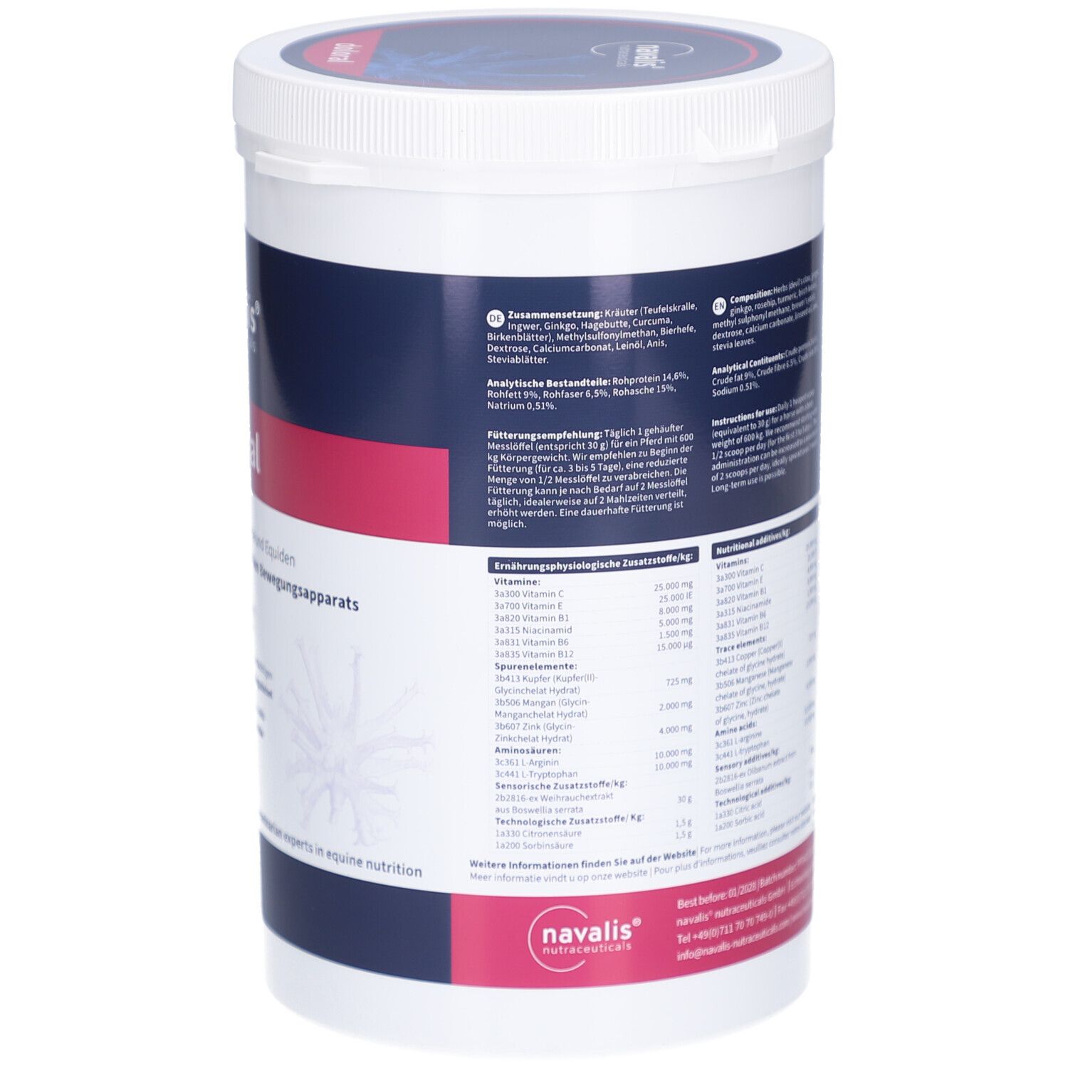 Witte container met etiket. Tekst met ingrediënten en voedingswaarde. Zwarte letters. Roze accent. Fabrikantinformatie.