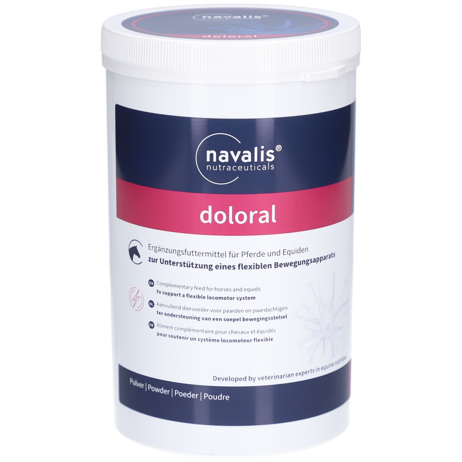 Witte container met blauwe deksel. Opschrift "navalis nutraceuticals" en "doloral". Roze accent. Aanvullend diervoeder voor paarden.