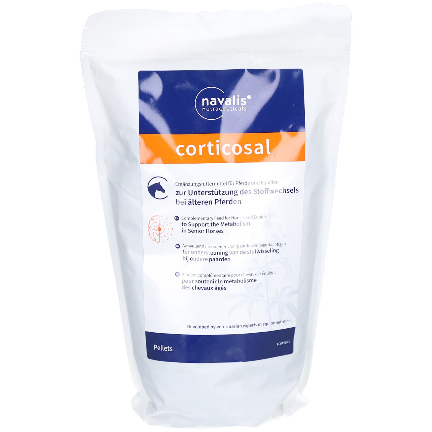 Sachet blanc de granulés corticosal. Bande orange avec informations produit. Logo Navalis. Texte: Aliment complémentaire pour chevaux.