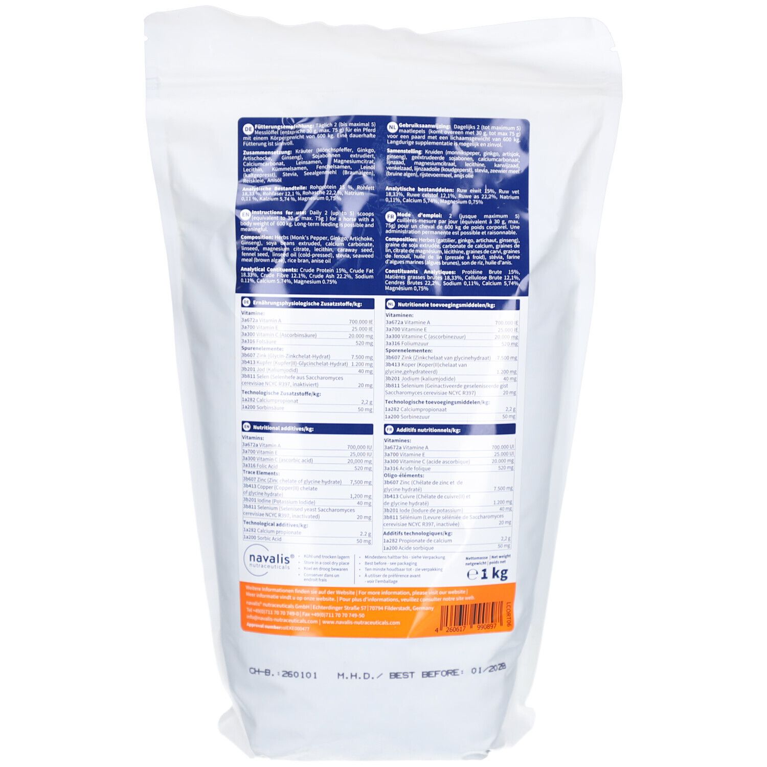 Dos du sachet blanc. Tableaux avec informations nutritionnelles et ingrédients. Logo Navalis. Poids: 1 kg. Date de péremption.