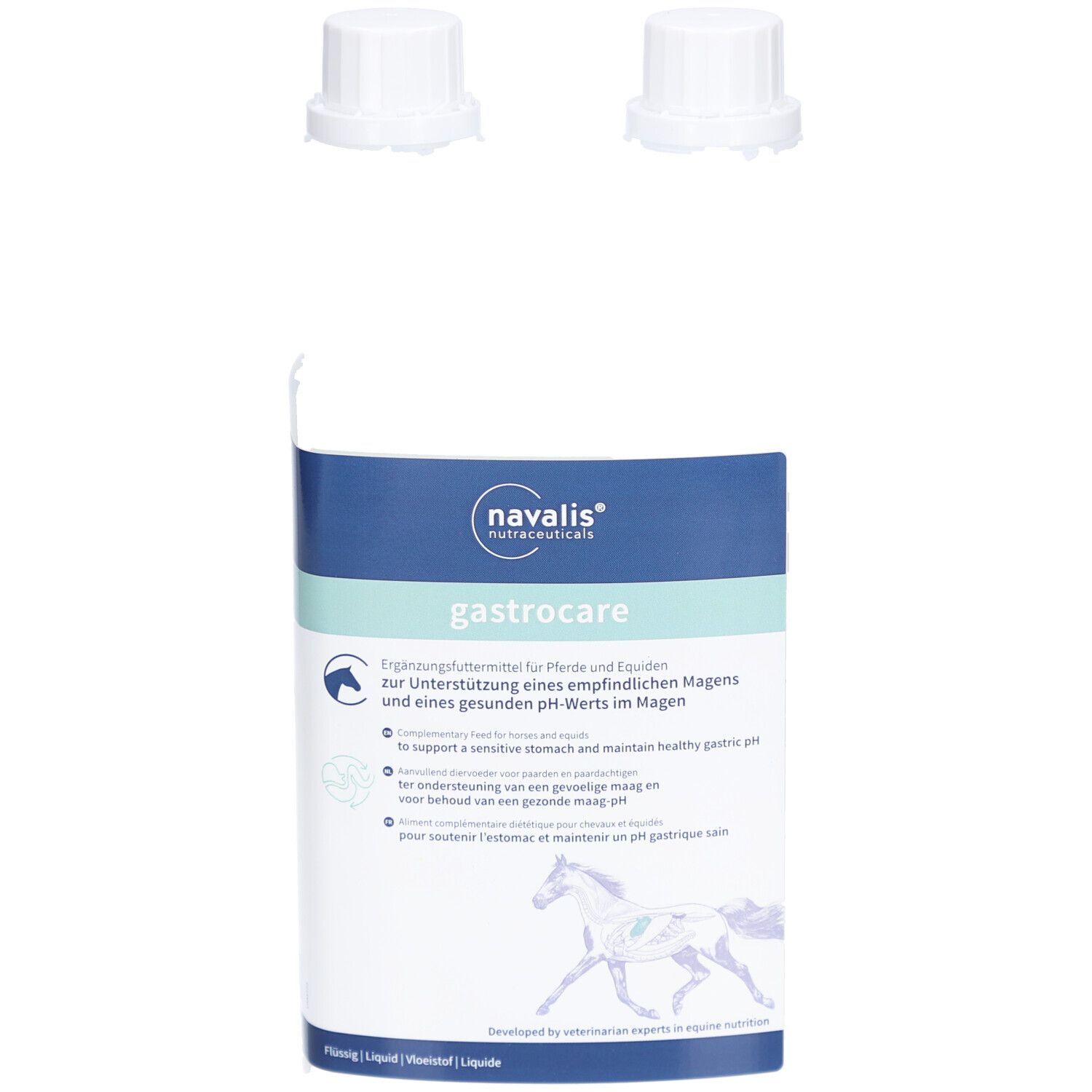 Récipient blanc avec étiquette bleue. Inscription : gastrocare, navalis. Contient du liquide. Deux bouchons blancs à côté.