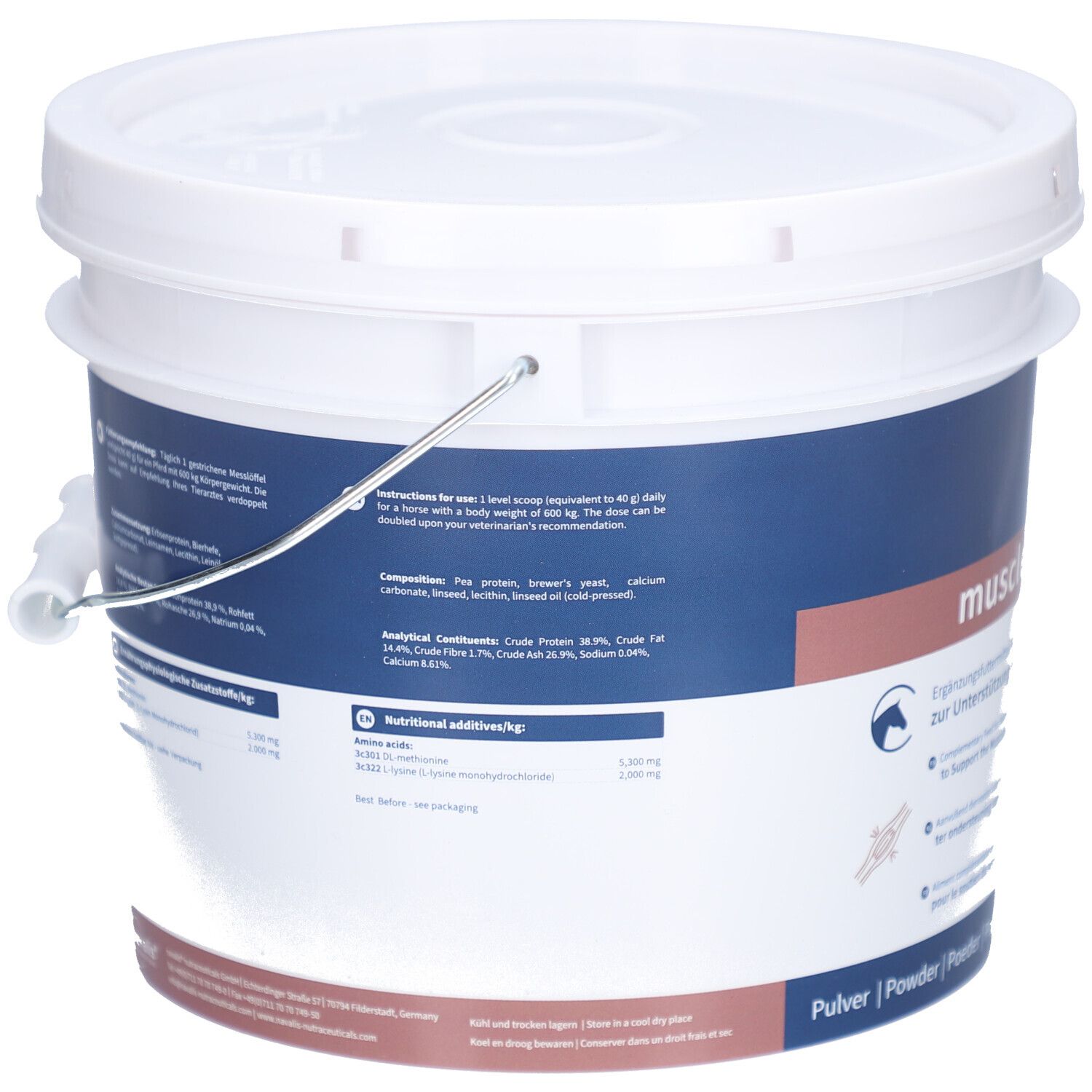 Witte emmer met blauw en bruin etiket. Bevat informatie over ingrediënten en voedingsaanbevelingen. Merk: navalis nutraceuticals.