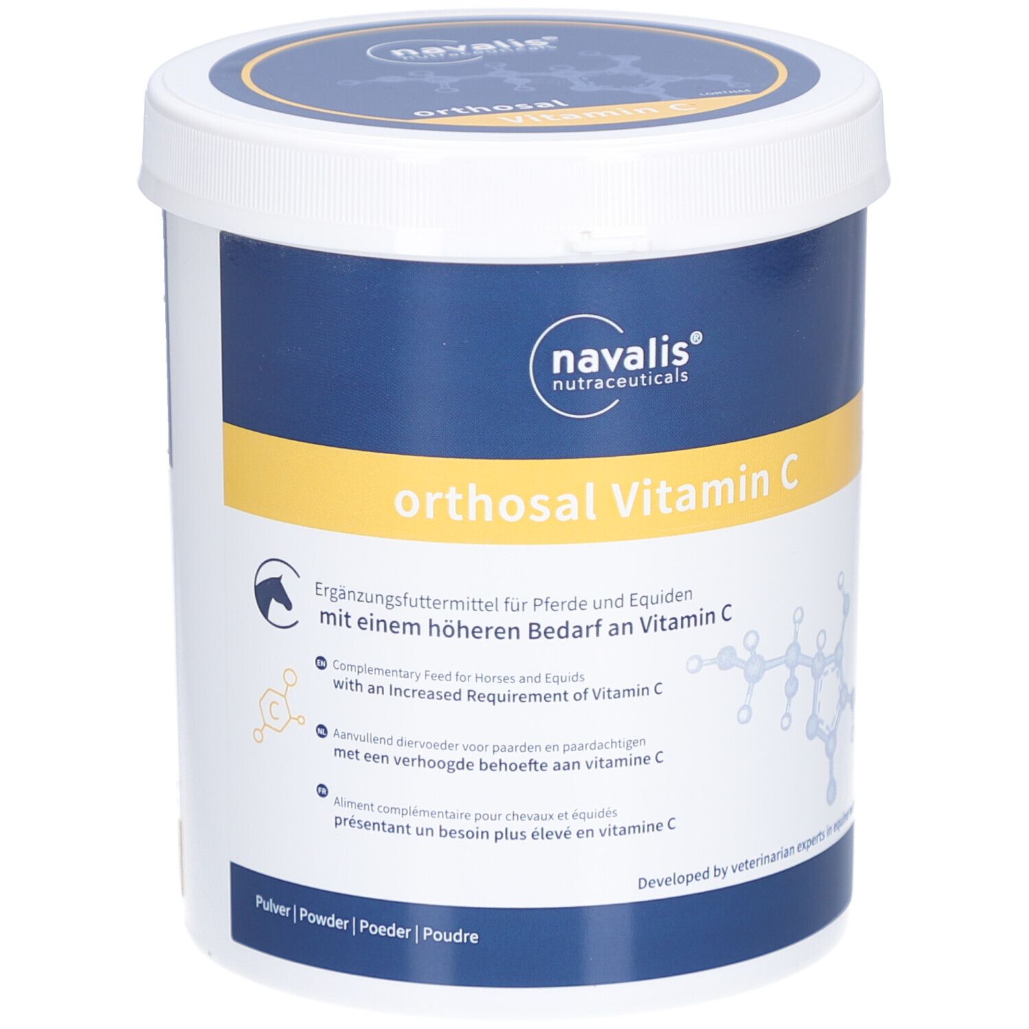 Witte emmer met blauw deksel. Opschrift: orthosal Vitamin C. Aanvullend diervoeder voor paarden. Merk: navalis nutraceuticals.