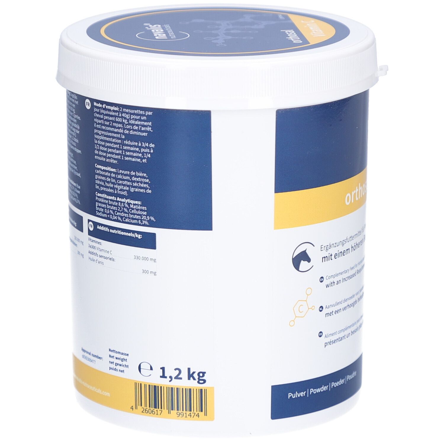Witte emmer, achterkant. Opschrift: 1,2 kg. Informatie over ingrediënten en voedingswaarde. Merk: navalis nutraceuticals.