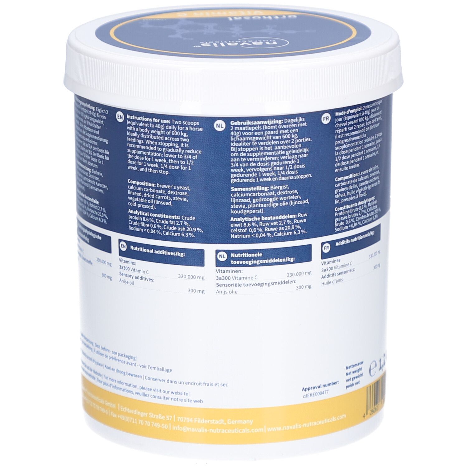 Witte emmer, achterkant. Informatie over ingrediënten en voedingswaarde. Gebruiksaanwijzing. Merk: navalis nutraceuticals.