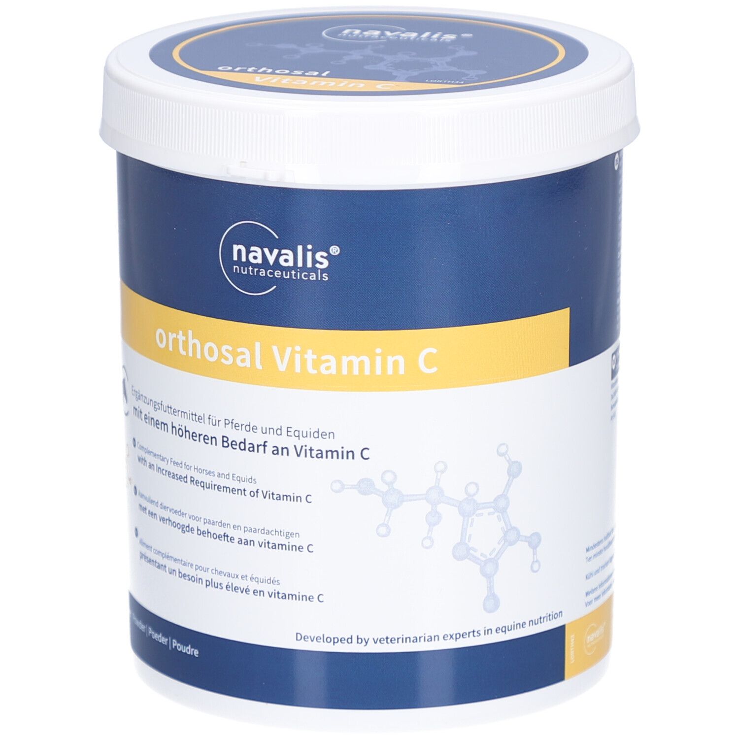 Witte emmer met blauw deksel. Opschrift: orthosal Vitamin C. Aanvullend diervoeder voor paarden. Merk: navalis nutraceuticals.