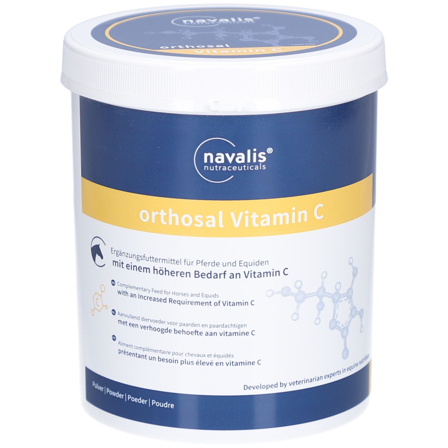 Witte emmer met blauw deksel. Opschrift: orthosal Vitamin C. Aanvullend diervoeder voor paarden. Merk: navalis nutraceuticals.