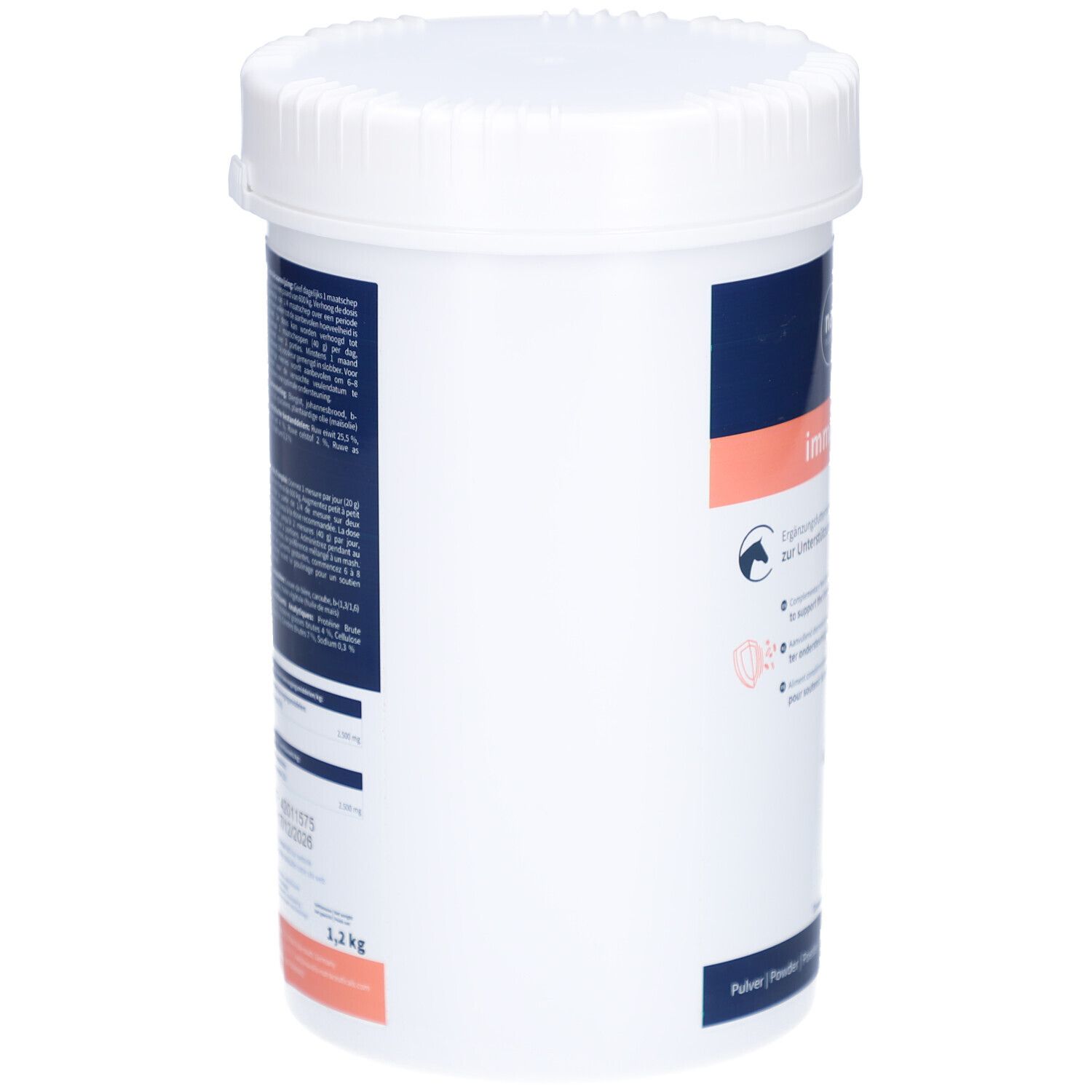 Witte container met deksel. Tekst en informatie op de zijkant. Gewicht 1,2 kg.