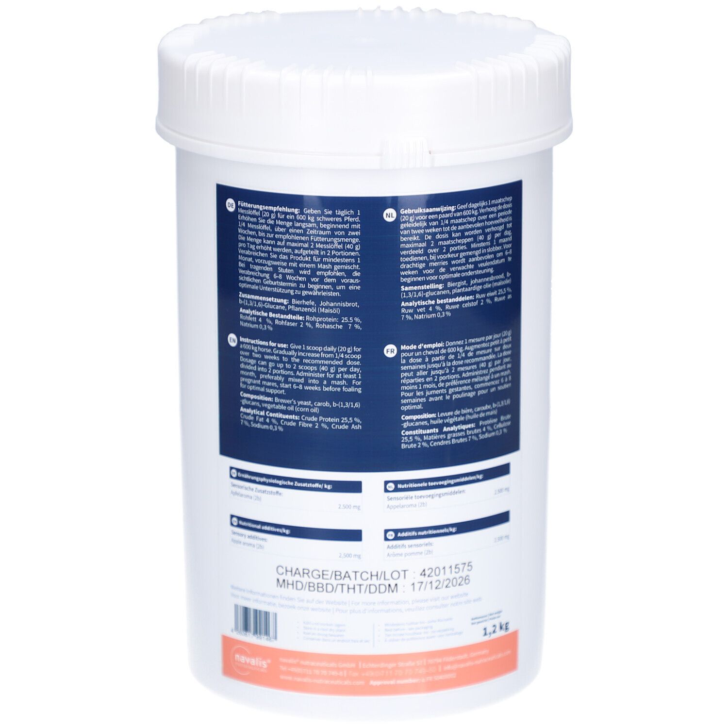 Witte container met deksel. Achterkant met tekst. Chargenummer 42011575, THT 17/12/2026. 1,2 kg.