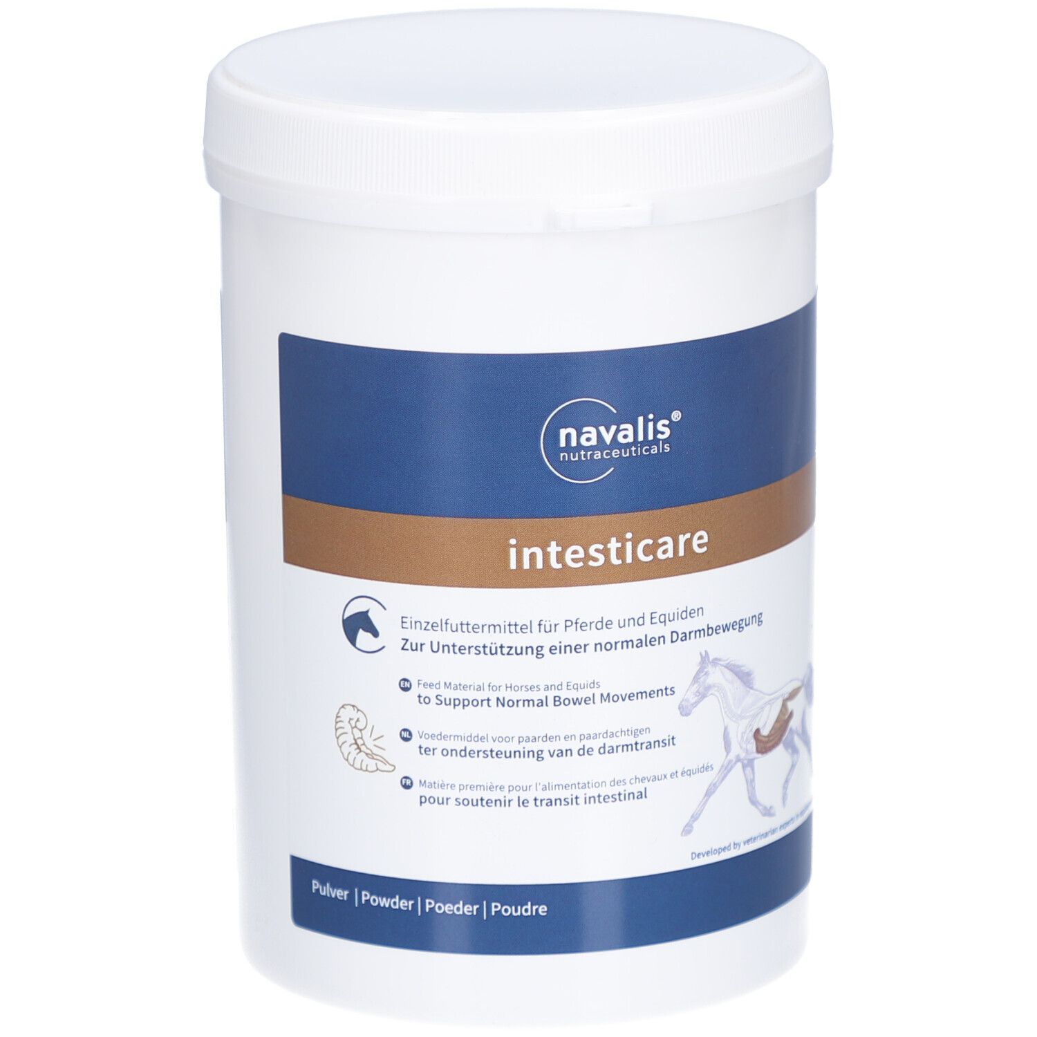 Witte container met blauw-bruine tekst: intesticare, navalis, poeder. Illustratie van een paard.