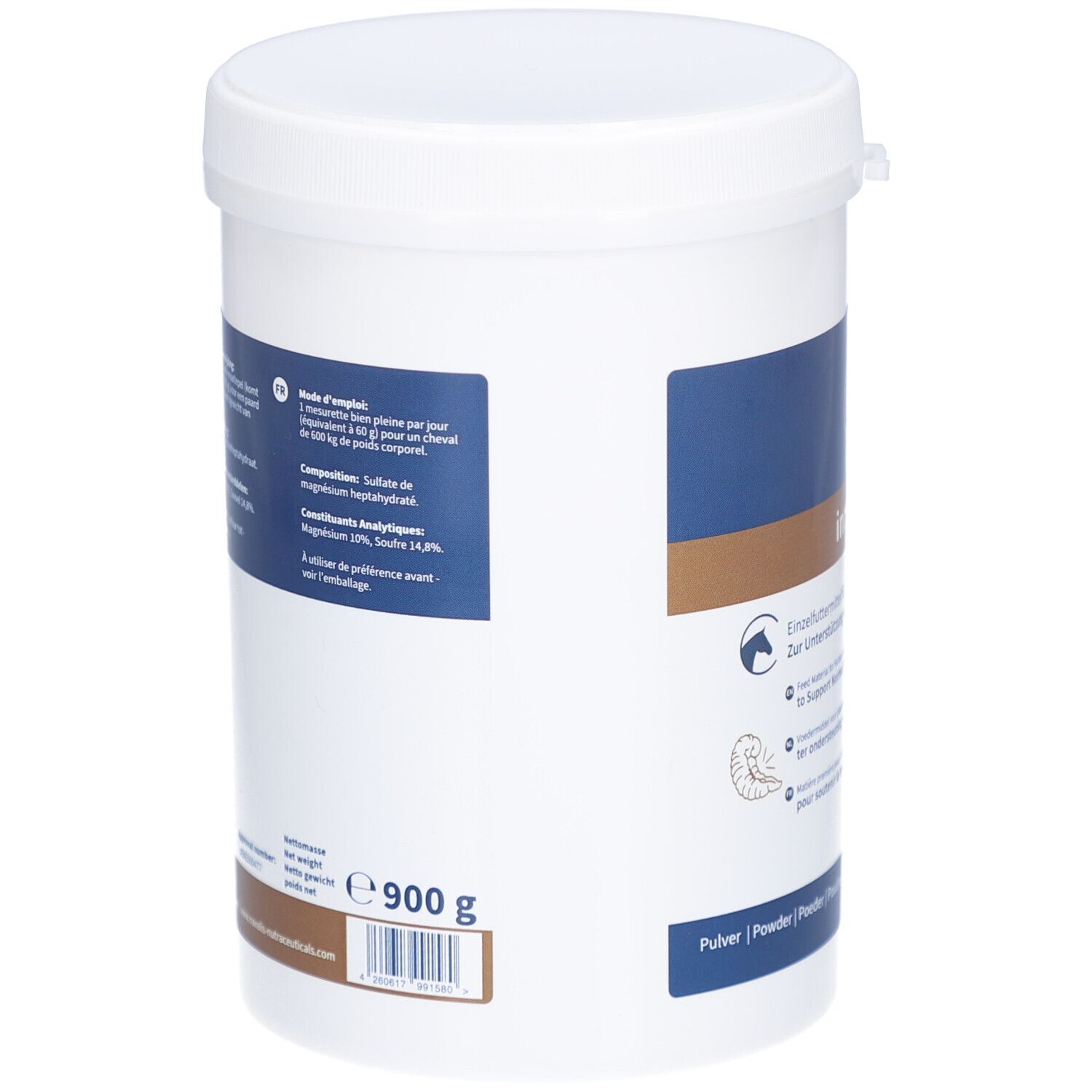 Witte container, achterkant. Tekst: 900 g, ingrediënten, gebruiksaanwijzing. Bruine en blauwe tekst.