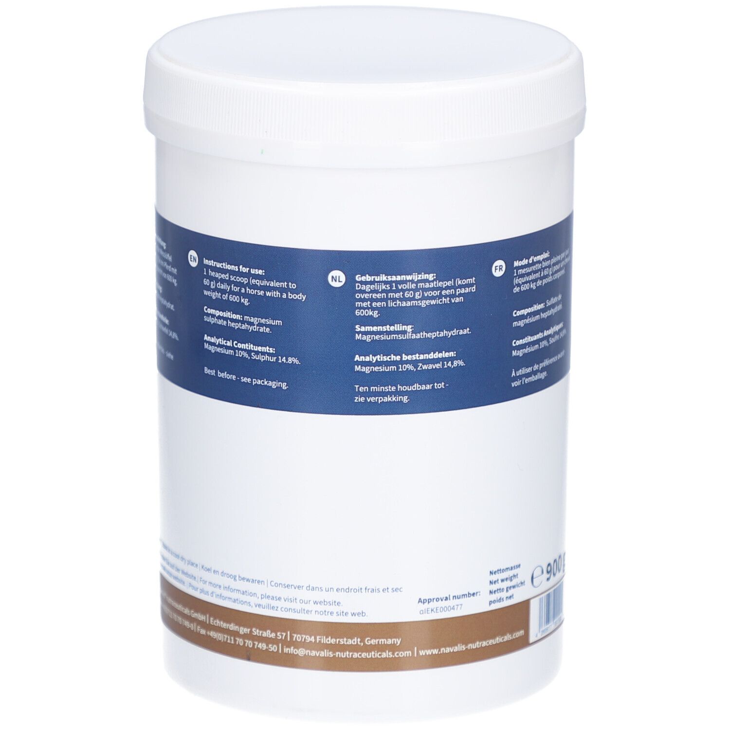 Witte container, achterkant. Tekst: gebruiksaanwijzing, ingrediënten, 900 g. Bruine en blauwe tekst.