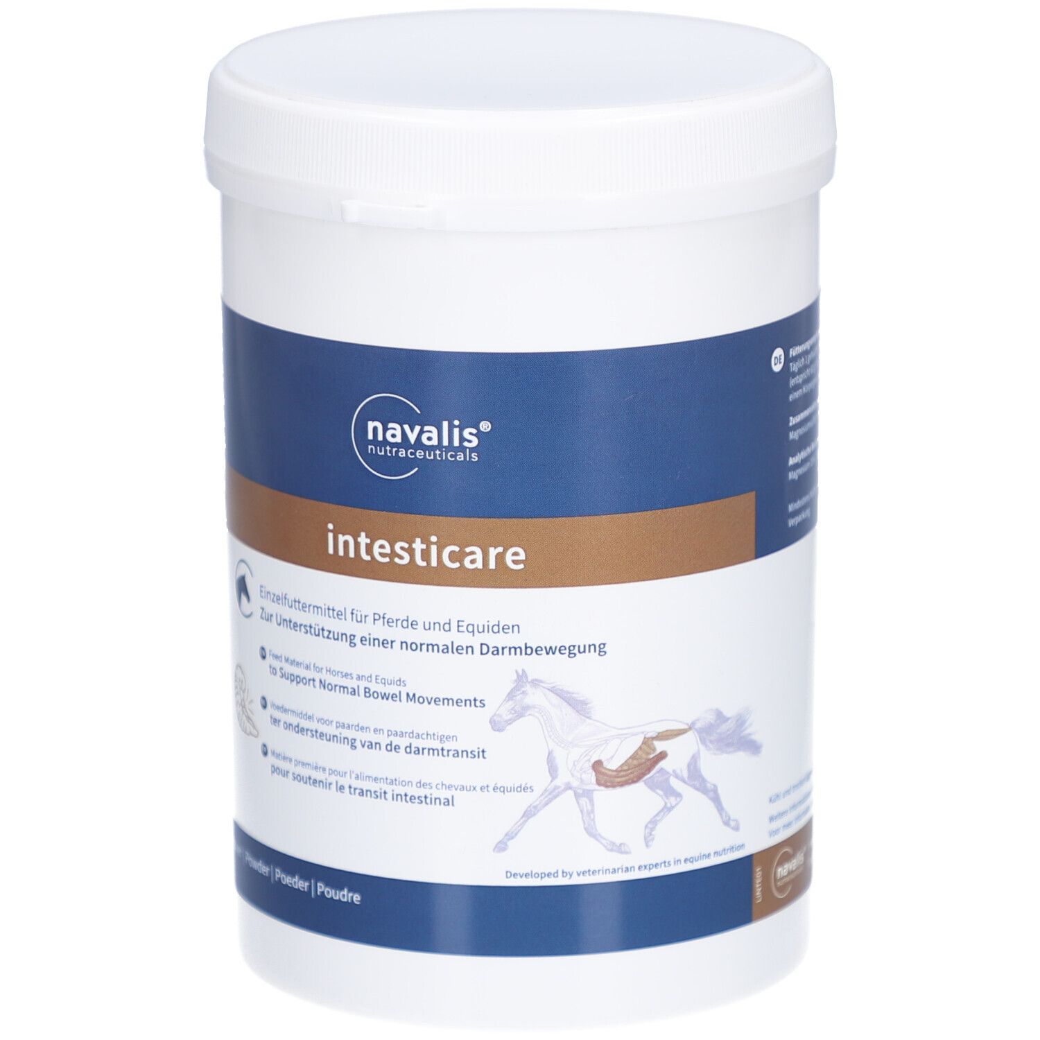 Witte container met blauw-bruine tekst: intesticare, navalis, poeder. Illustratie van een paard.