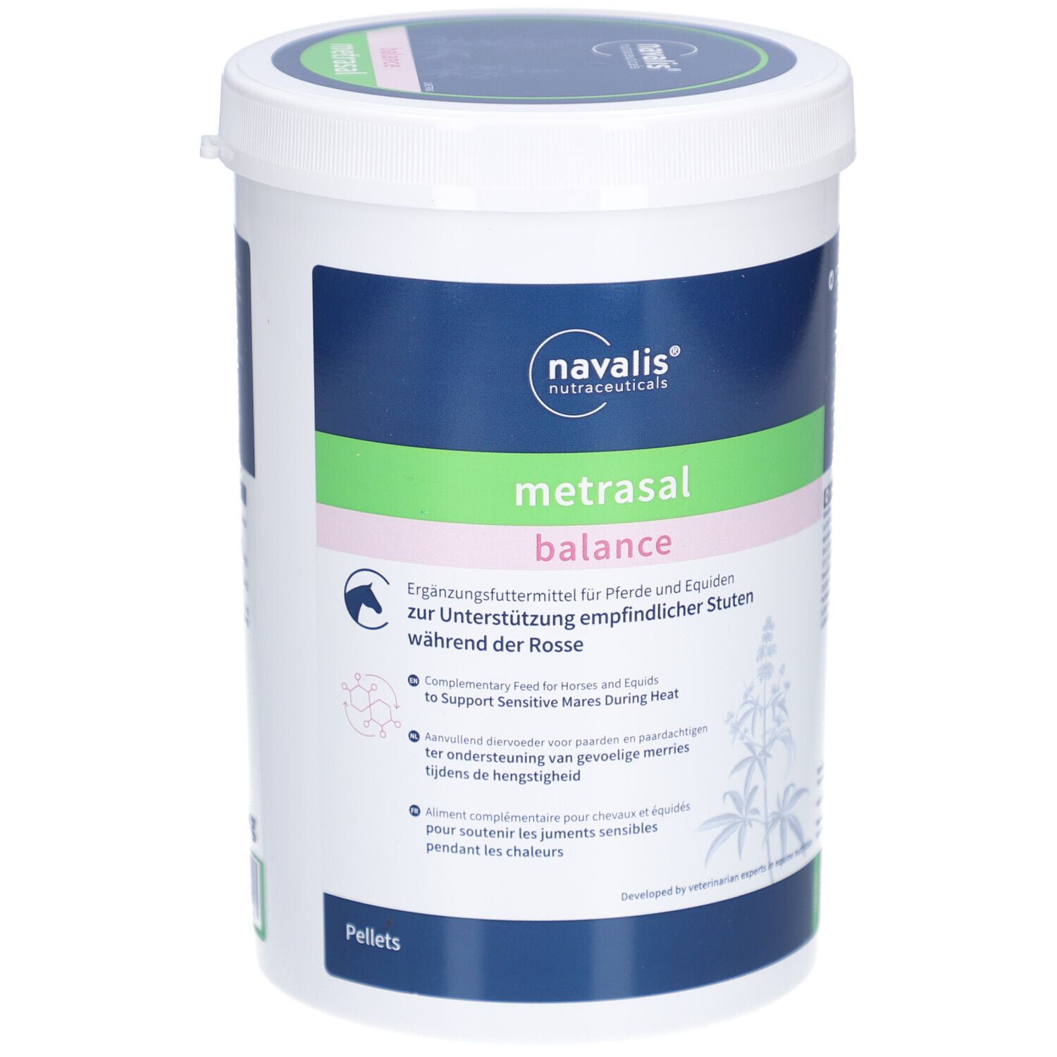 Witte emmer met blauwgroene tekst. Opschrift: metrasal balance. Aanvullend diervoeder voor paarden.