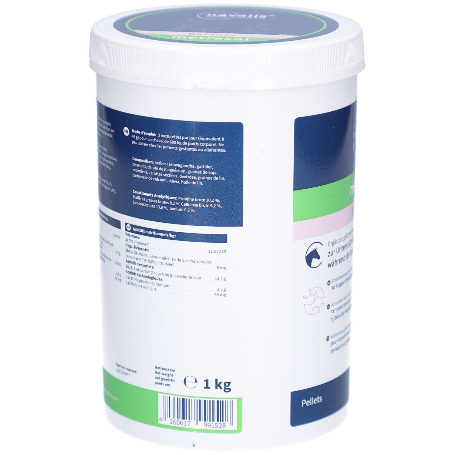 Achterkant van de emmer. Tekst met ingrediënten en voedingswaarden. Gewicht: 1 kg. Barcode.