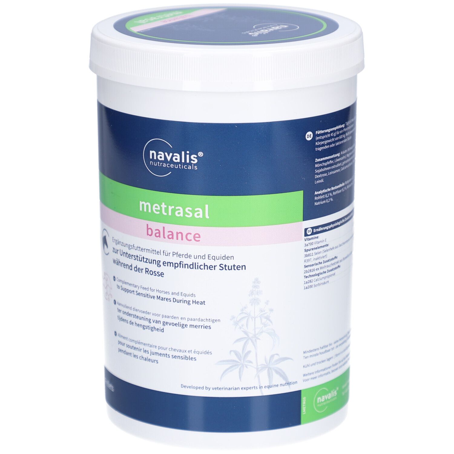 Witte emmer met blauwgroene tekst. Opschrift: metrasal balance. Aanvullend diervoeder voor paarden.