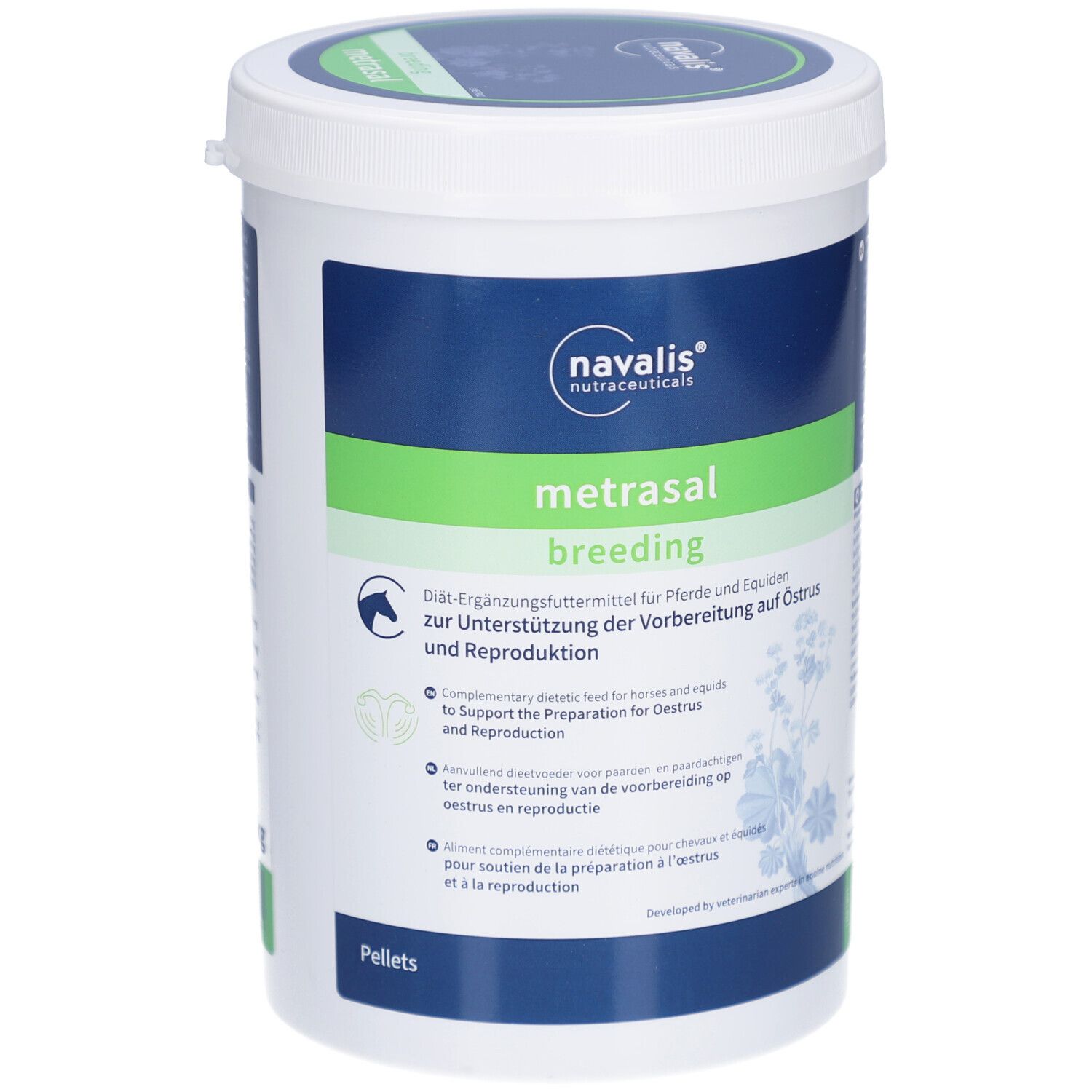 Seau blanc avec texte vert et bleu. Metrasal breeding Pellets. Logo Navalis. Texte en allemand, anglais, néerlandais et français.