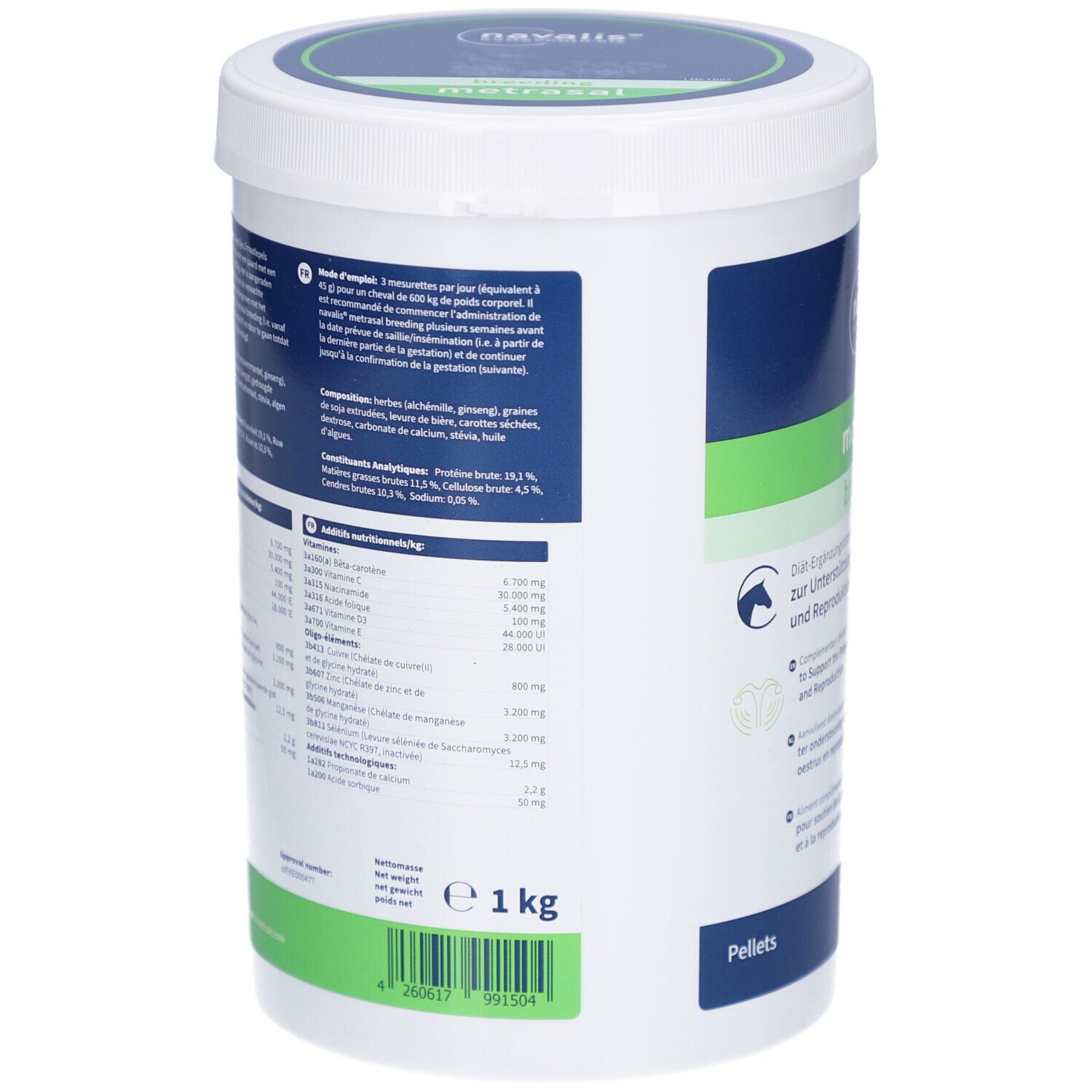 Seau blanc, dos avec texte. Metrasal breeding Pellets. Ingrédients et informations nutritionnelles. 1 kg. Code EAN.