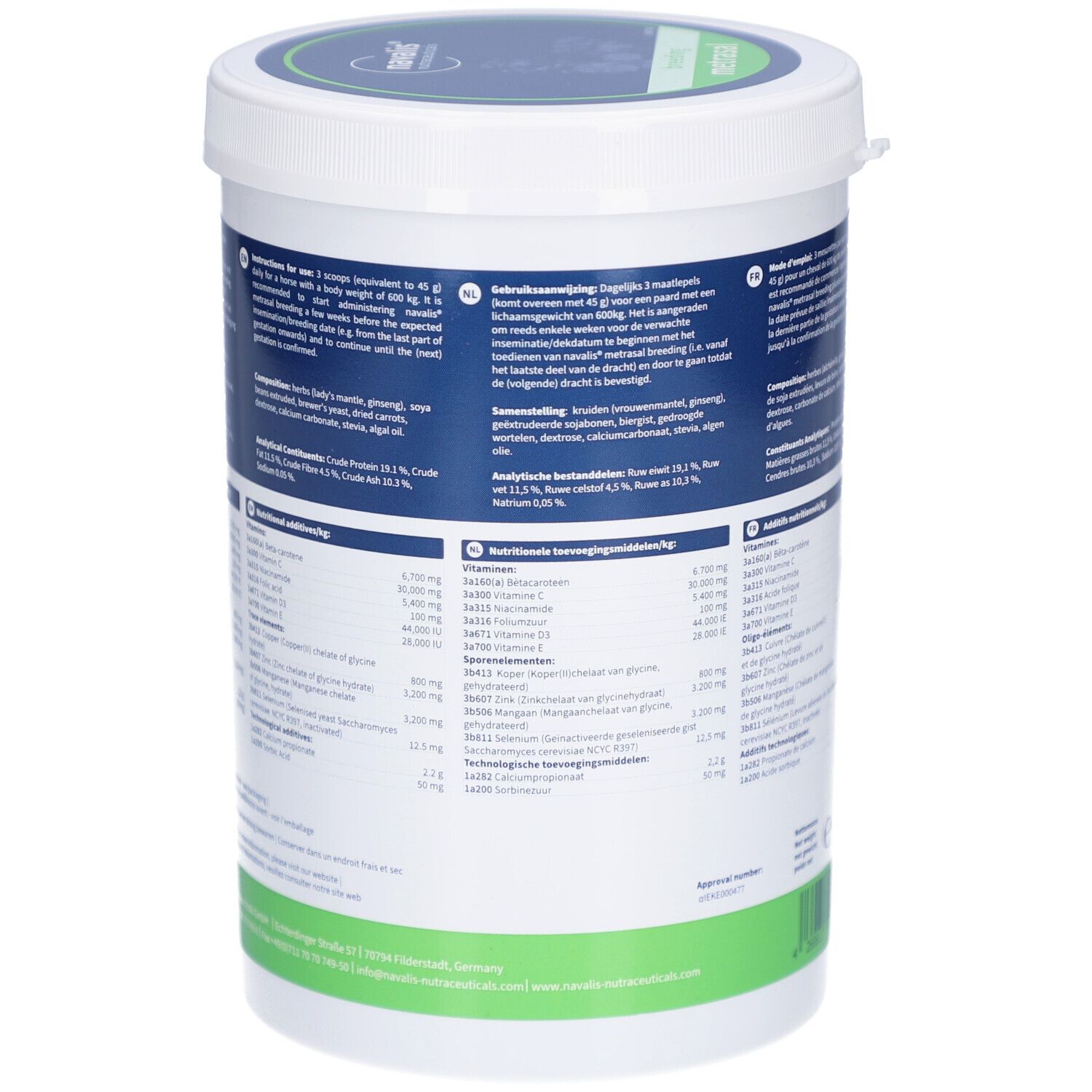 Seau blanc, dos avec texte. Metrasal breeding Pellets. Recommandations alimentaires et informations nutritionnelles. Texte en allemand, anglais, néerlandais.