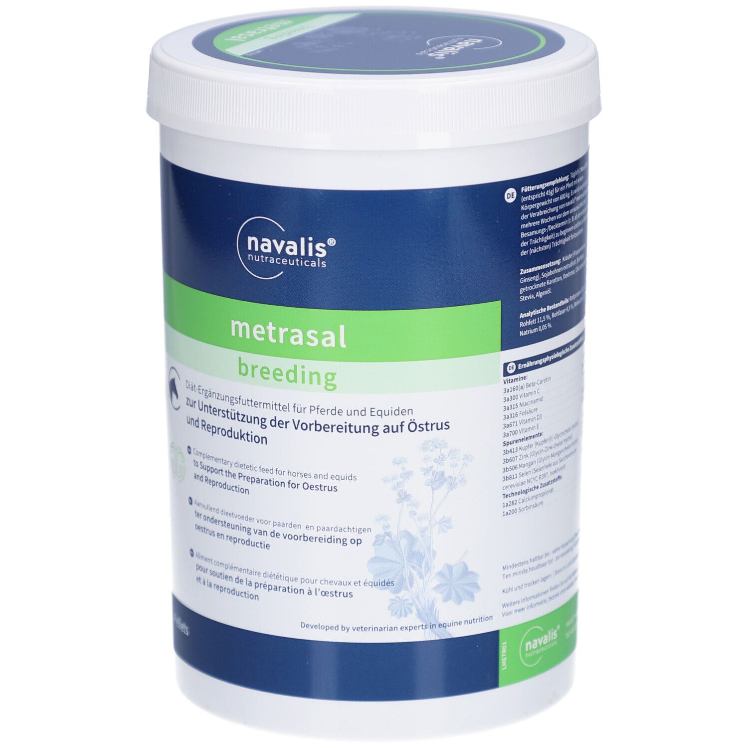 Seau blanc avec texte vert et bleu. Metrasal breeding Pellets. Logo Navalis. Texte en allemand, anglais, néerlandais et français.