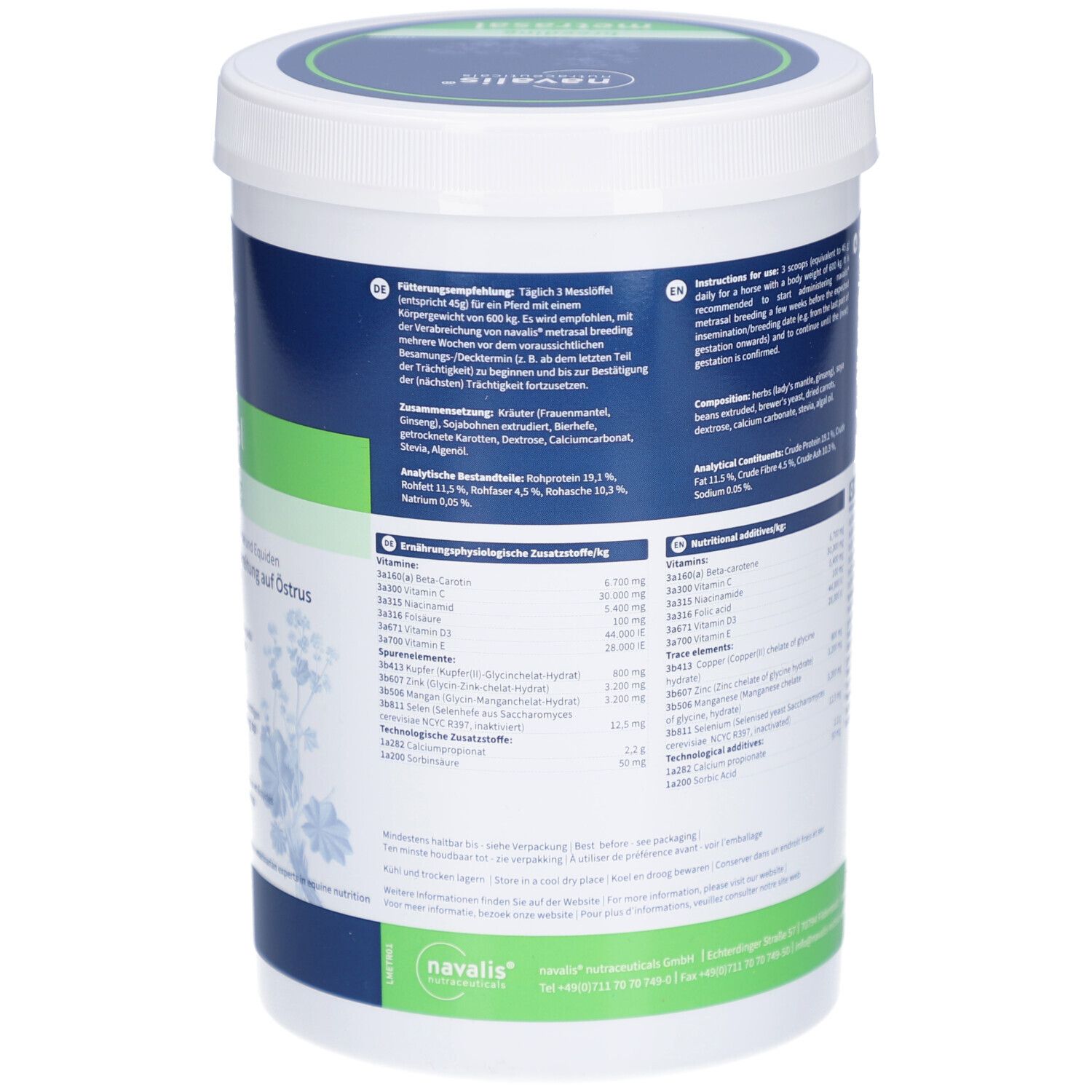 Seau blanc, dos avec texte. Metrasal breeding Pellets. Recommandations alimentaires et informations nutritionnelles. Texte en allemand, anglais, néerlandais.