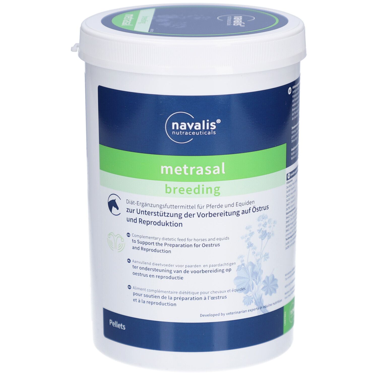 Seau blanc avec texte vert et bleu. Metrasal breeding Pellets. Logo Navalis. Texte en allemand, anglais, néerlandais et français.