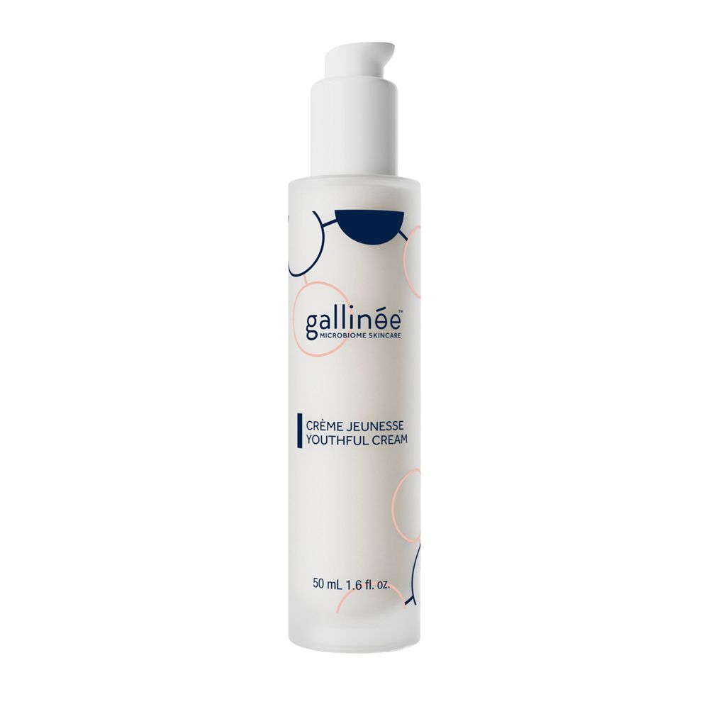 Witte fles met pomp. Opschrift: gallinée, Crème Jeunesse Youthful Cream. 50 ml.
