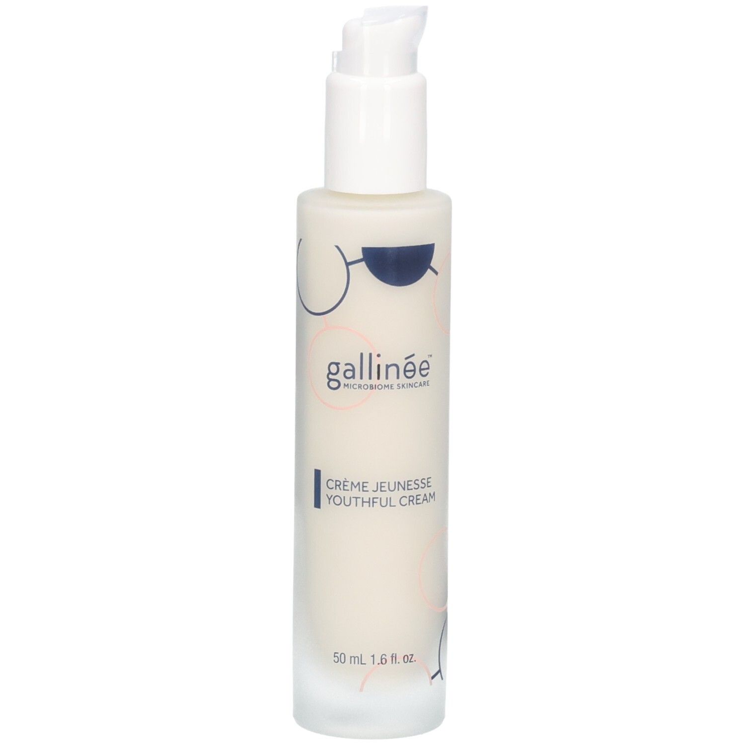 Witte fles met pomp. Opschrift: gallinée, Crème Jeunesse Youthful Cream. 50 ml.