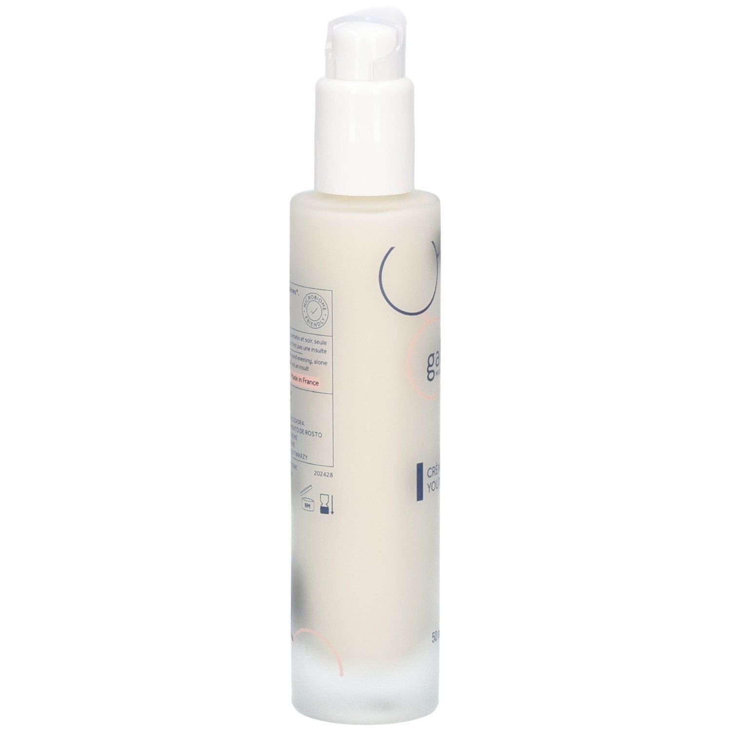 Achterkant van de fles. Tekst en logo's. Opschrift: Crème Jeunesse Youthful Cream.