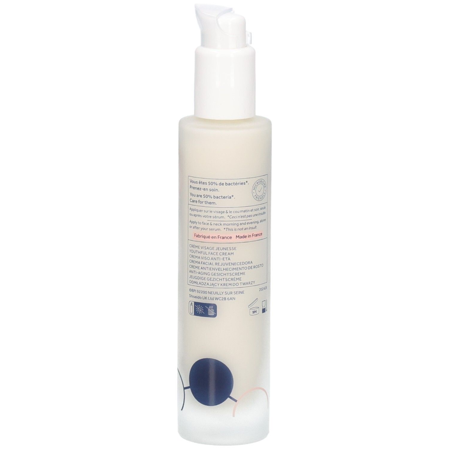 Achterkant van de fles. Tekst en logo's. Opschrift: Crème Jeunesse Youthful Cream.