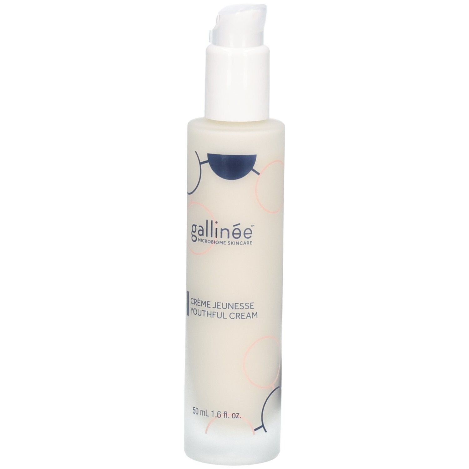 Witte fles met pomp. Opschrift: gallinée, Crème Jeunesse Youthful Cream. 50 ml.