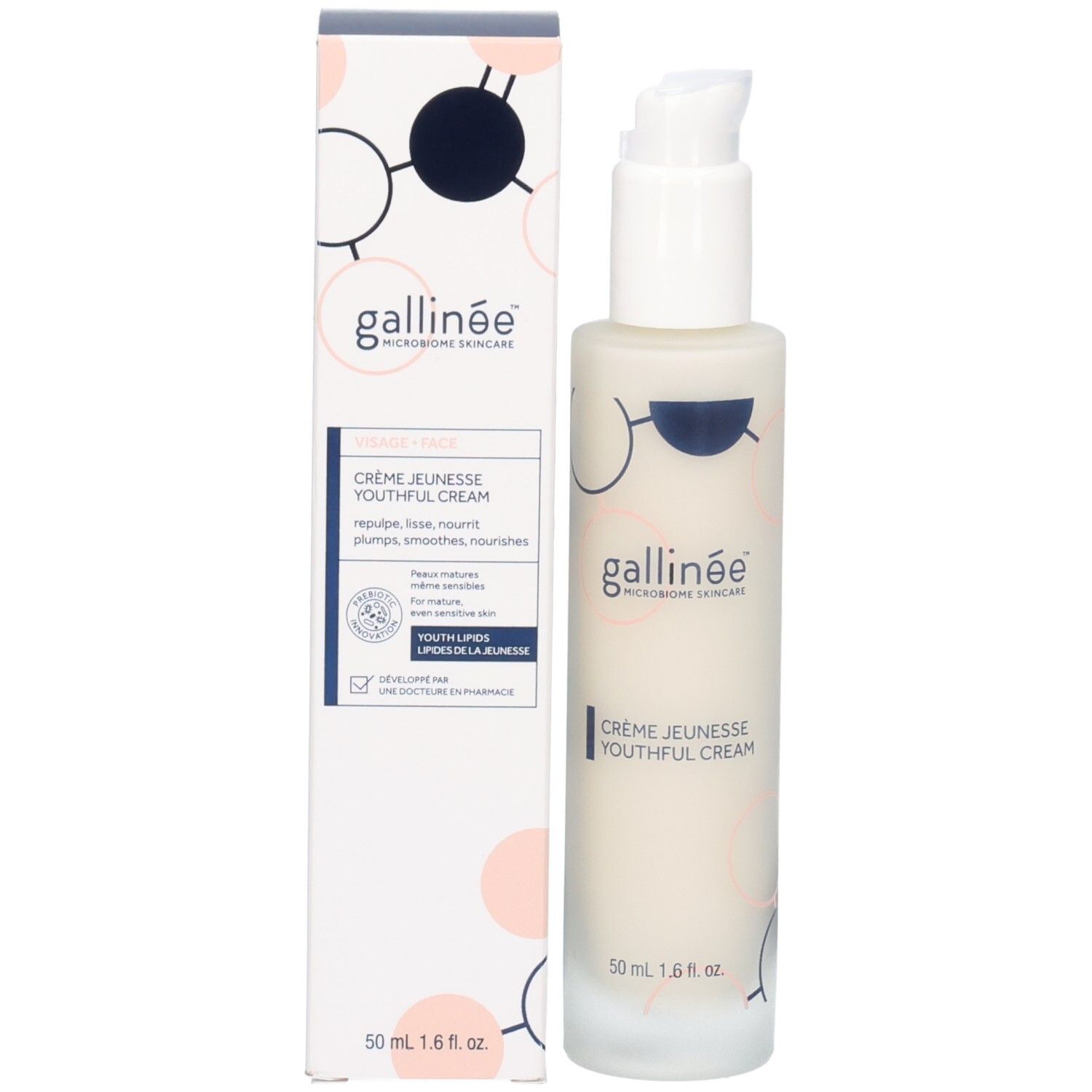 Verpakking. Opschrift: gallinée, Crème Jeunesse Youthful Cream. Tekst: Repulpe, lisse, nourrit.