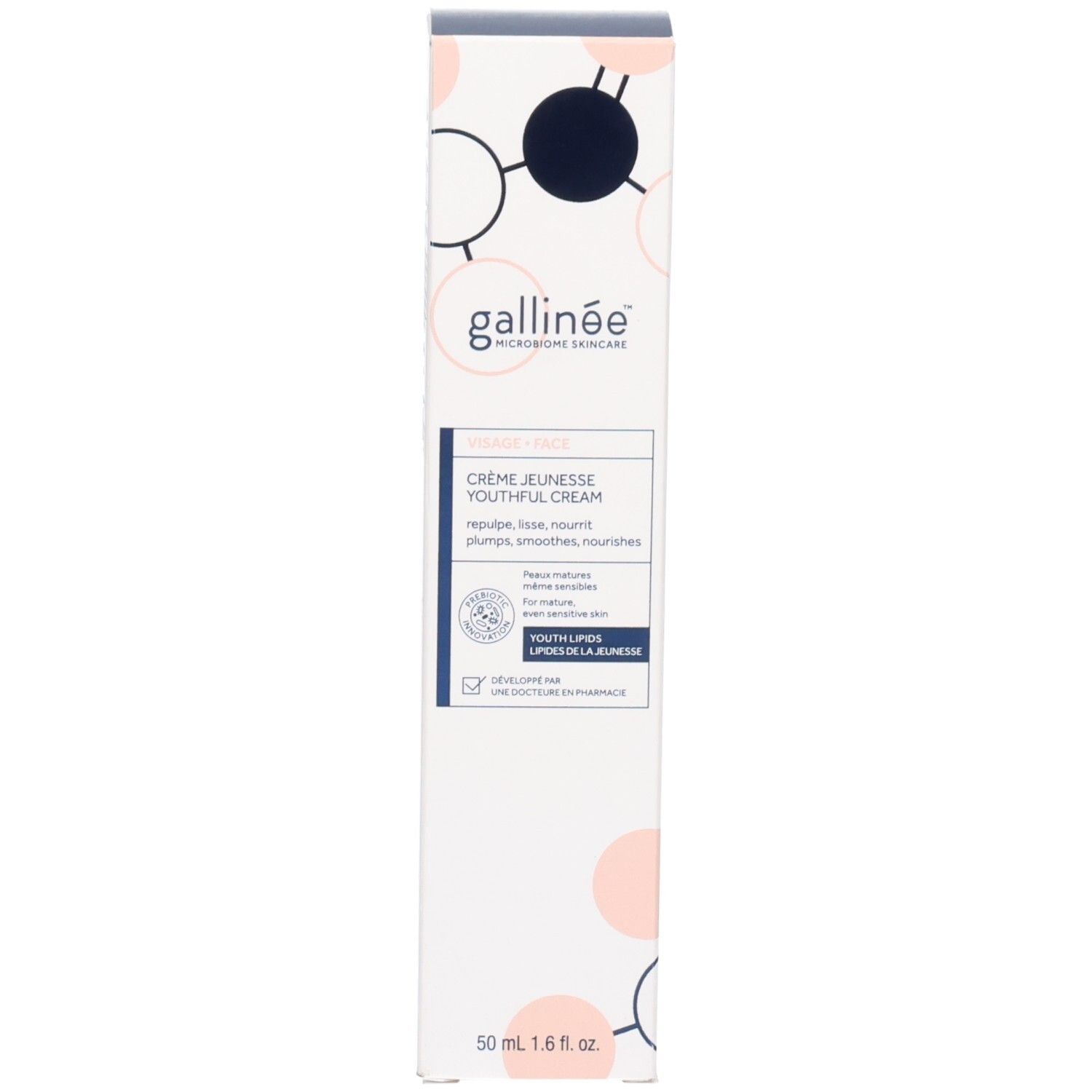 Crèmefles en verpakking. Opschrift: gallinée, Crème Jeunesse Youthful Cream. 50 ml.