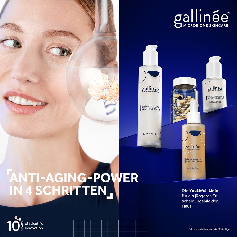 Vrouw met producten. Producten: crème, serum, capsules. Tekst: Anti-aging in 4 stappen.