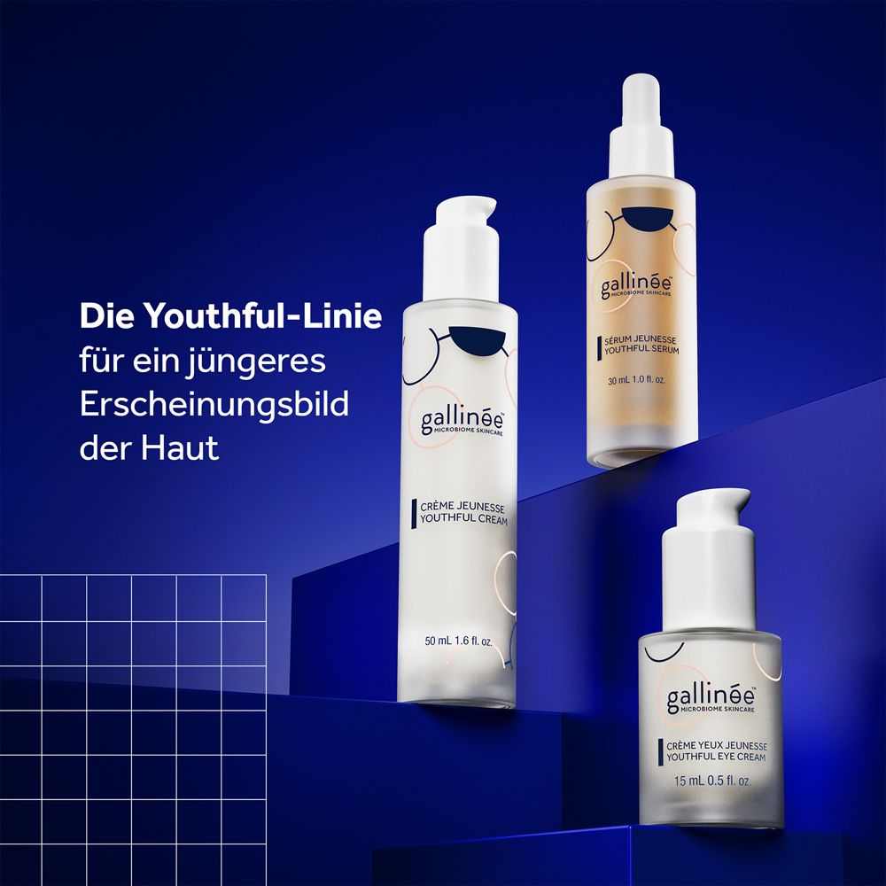 Drie producten. Crème, serum, oogcrème. Tekst: De Youthful-lijn voor een jongere uitstraling.