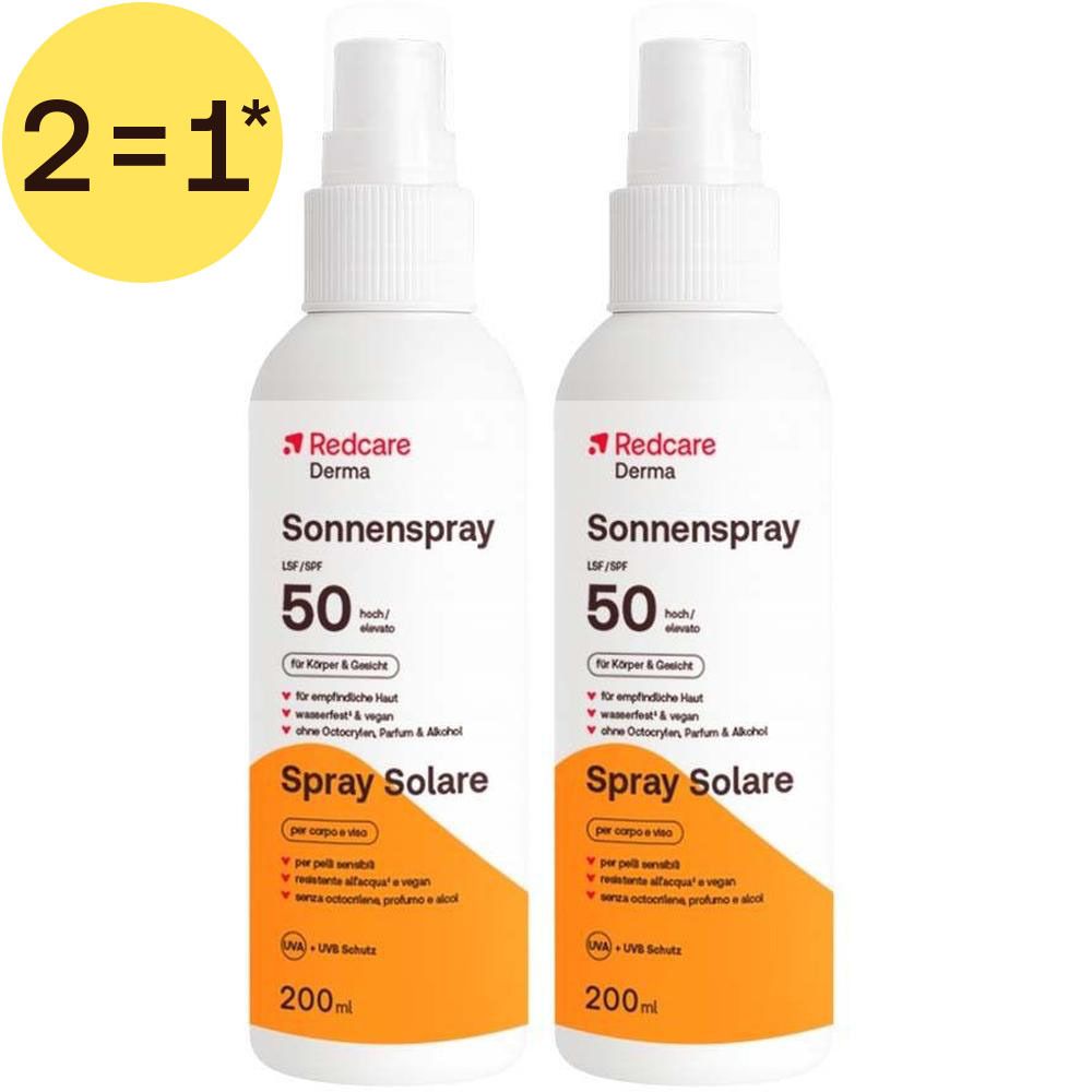 Twee flessen Redcare Derma zonnebrandspray SPF 50, elk 200ml.