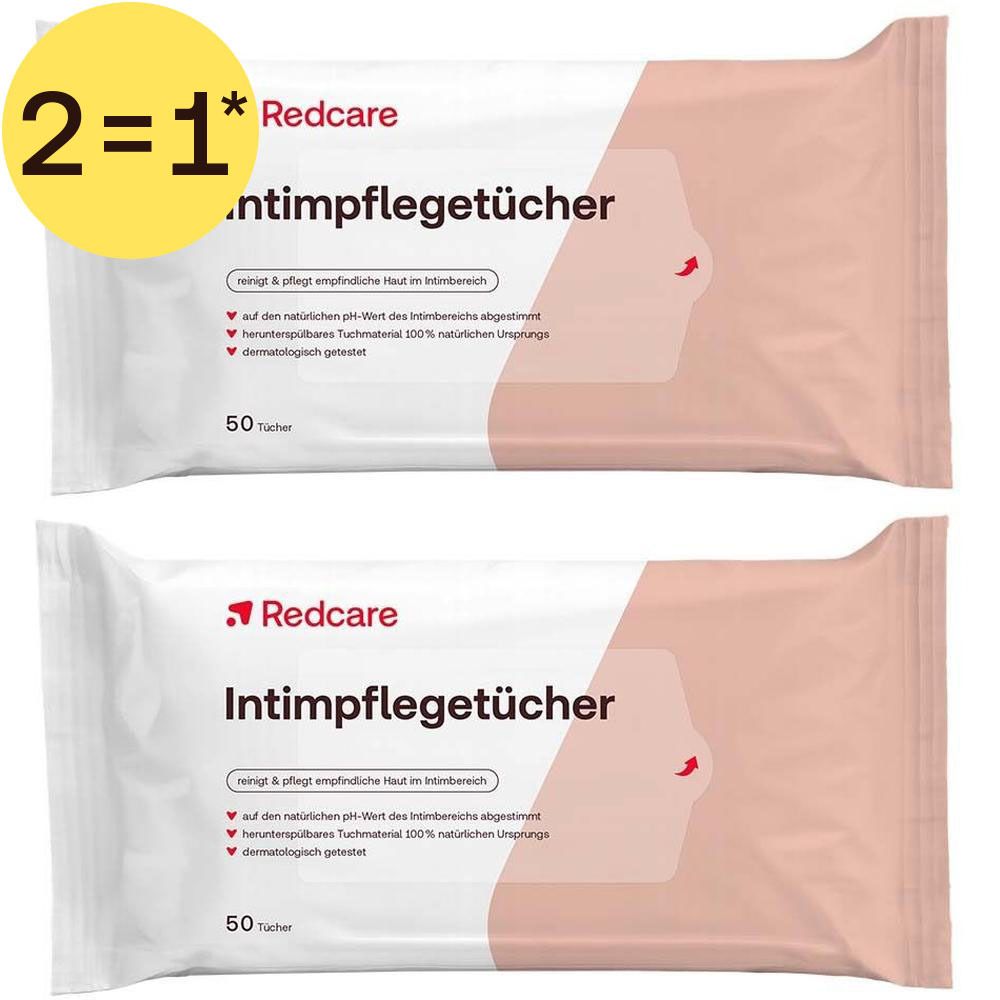 Twee pakken Redcare Intimate Care Wipes, elk 50 doekjes.