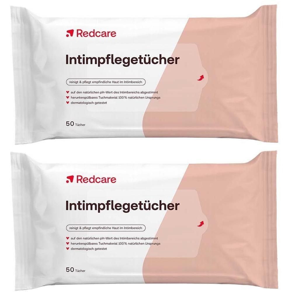 Twee verpakkingen intieme reinigingsdoekjes. Witte verpakking met rood logo en productnaam. 50 doekjes per verpakking.