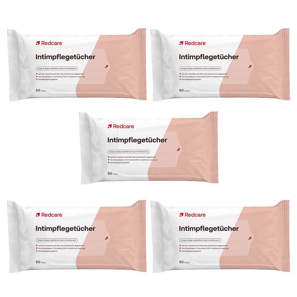 Vijf verpakkingen intieme reinigingsdoekjes. Witte verpakking met rode tekst. Productnaam en 50 doekjes.