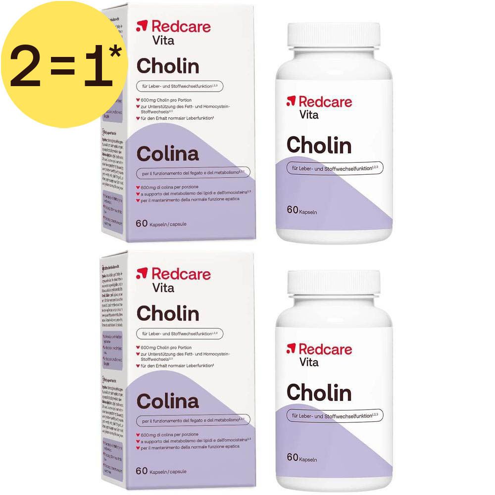 Twee pakken Redcare Vita Cholin, elk met 60 capsules.