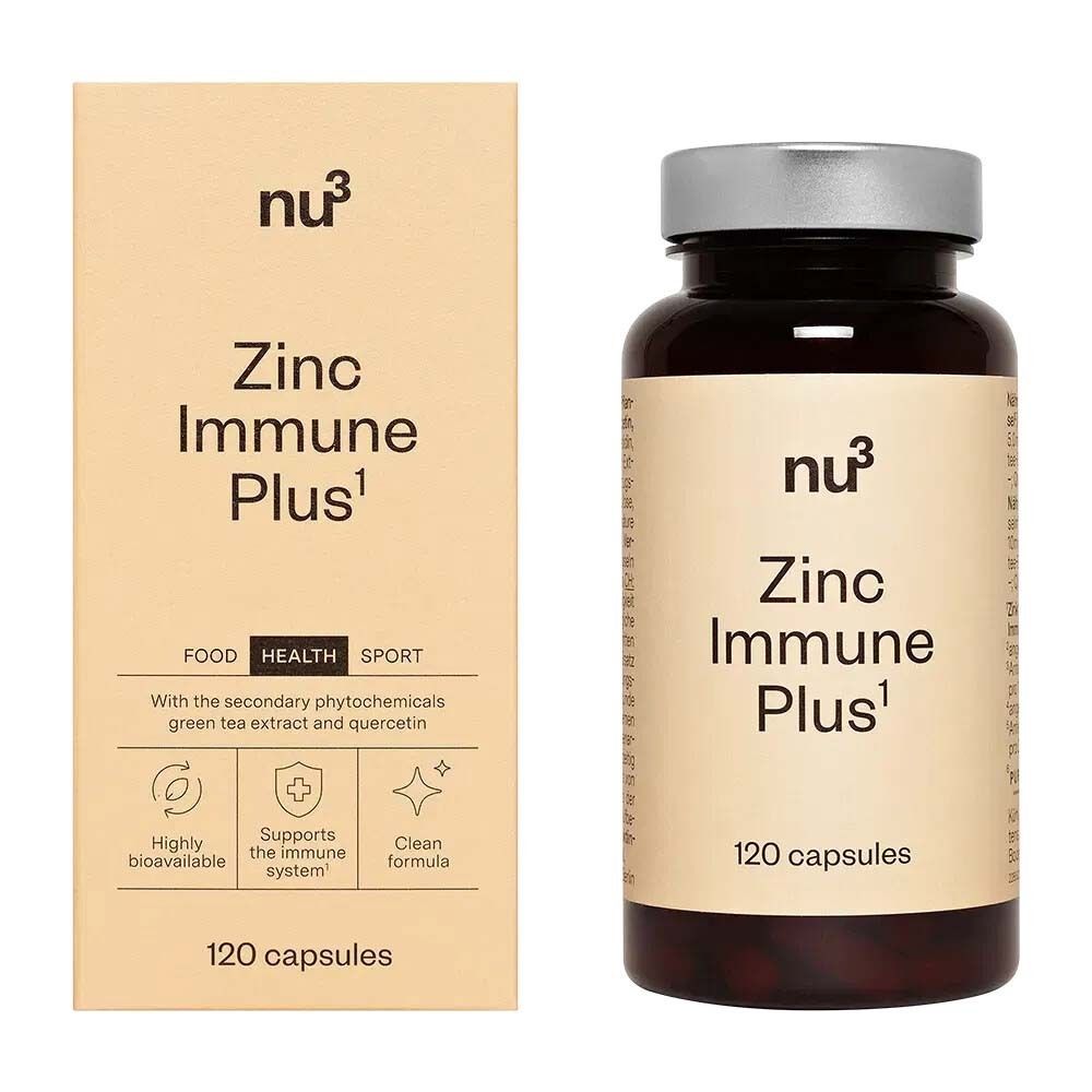 Flacon et boîte marron avec « nu3 Zinc Immune Plus ». 120 gélules. Sur la boîte : Food, Health, Sport.
