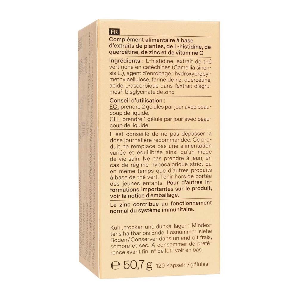 Dos de l'emballage de « nu3 Zinc Immune Plus ». Contient ingrédients, instructions d'utilisation et avertissements.