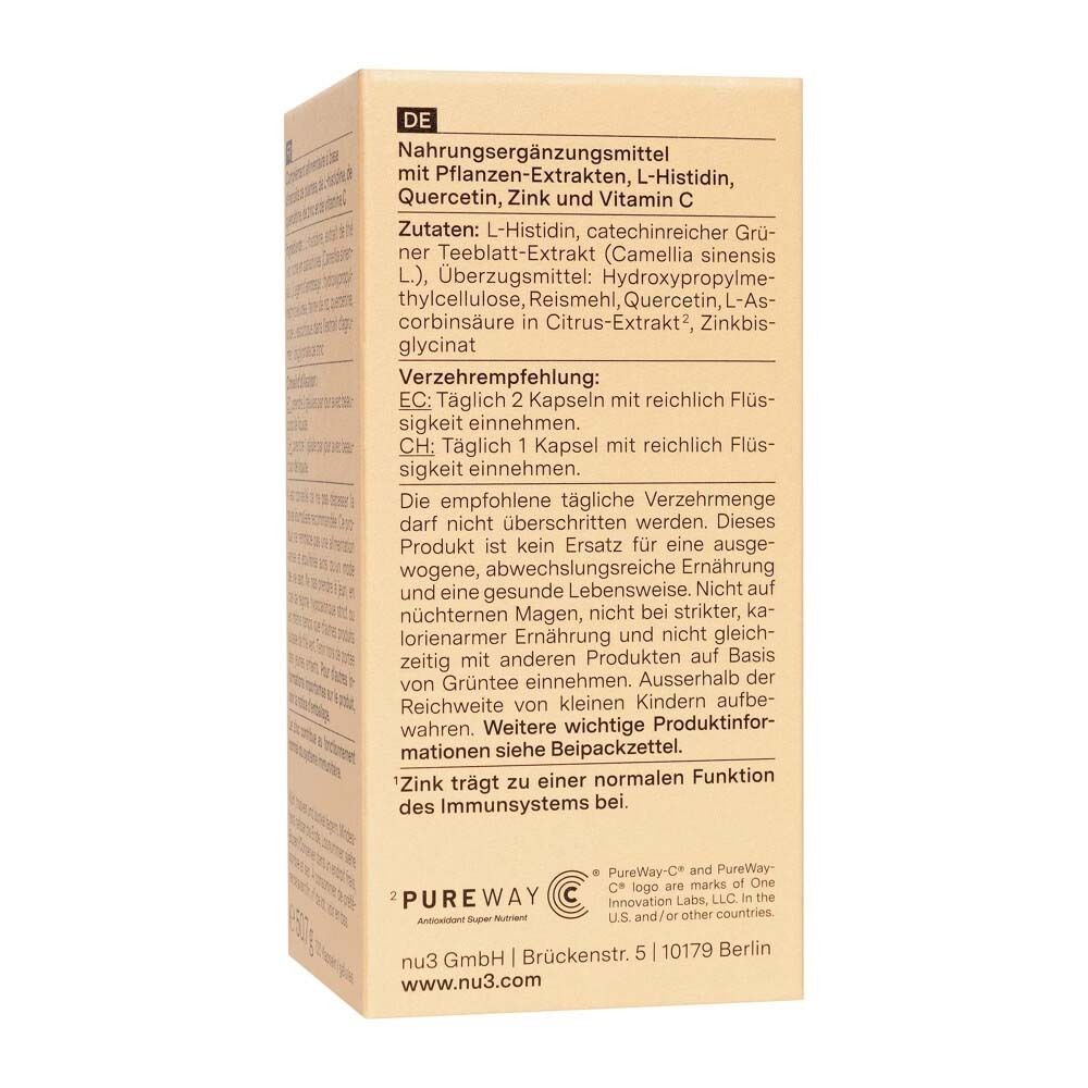 Dos de l'emballage de « nu3 Zinc Immune Plus ». Contient ingrédients, instructions d'utilisation et avertissements.